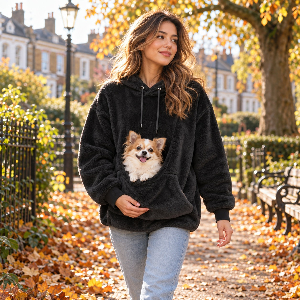 Woman on an autumn walk in a UK park wearing the black CuddleCarry pouch hoodie with a small dog in the front pouch