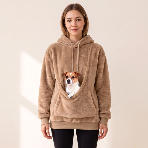 CuddleCarry pouch hoodie in camel with a Jack Russell puppy in the front pouch