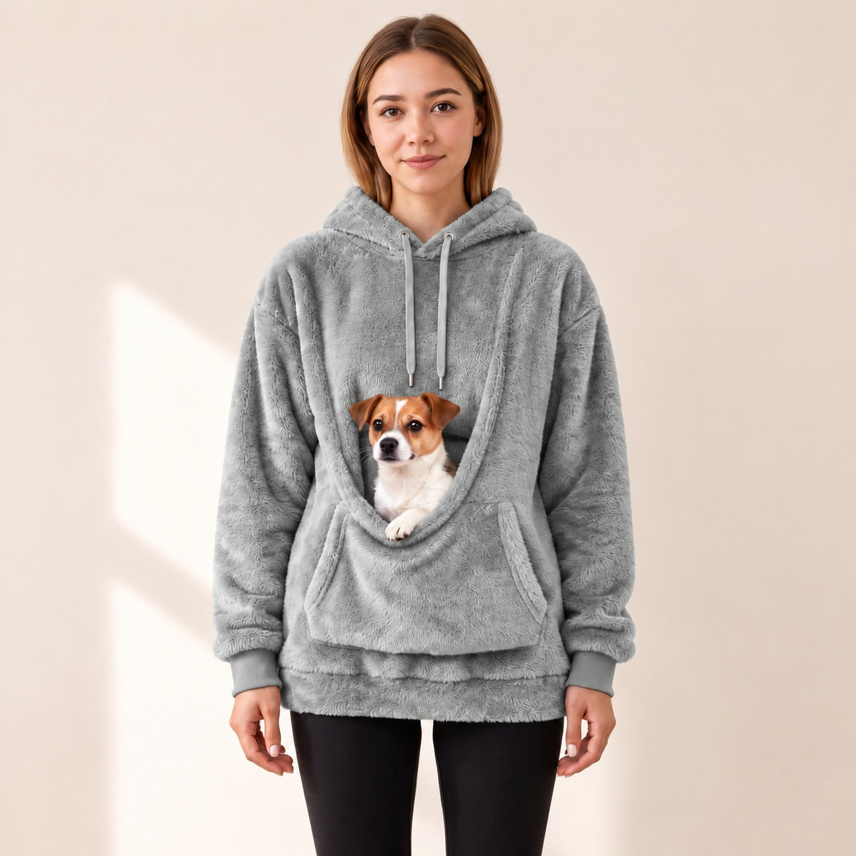 CuddleCarry pouch hoodie in grey with a Jack Russell puppy in the front pouch