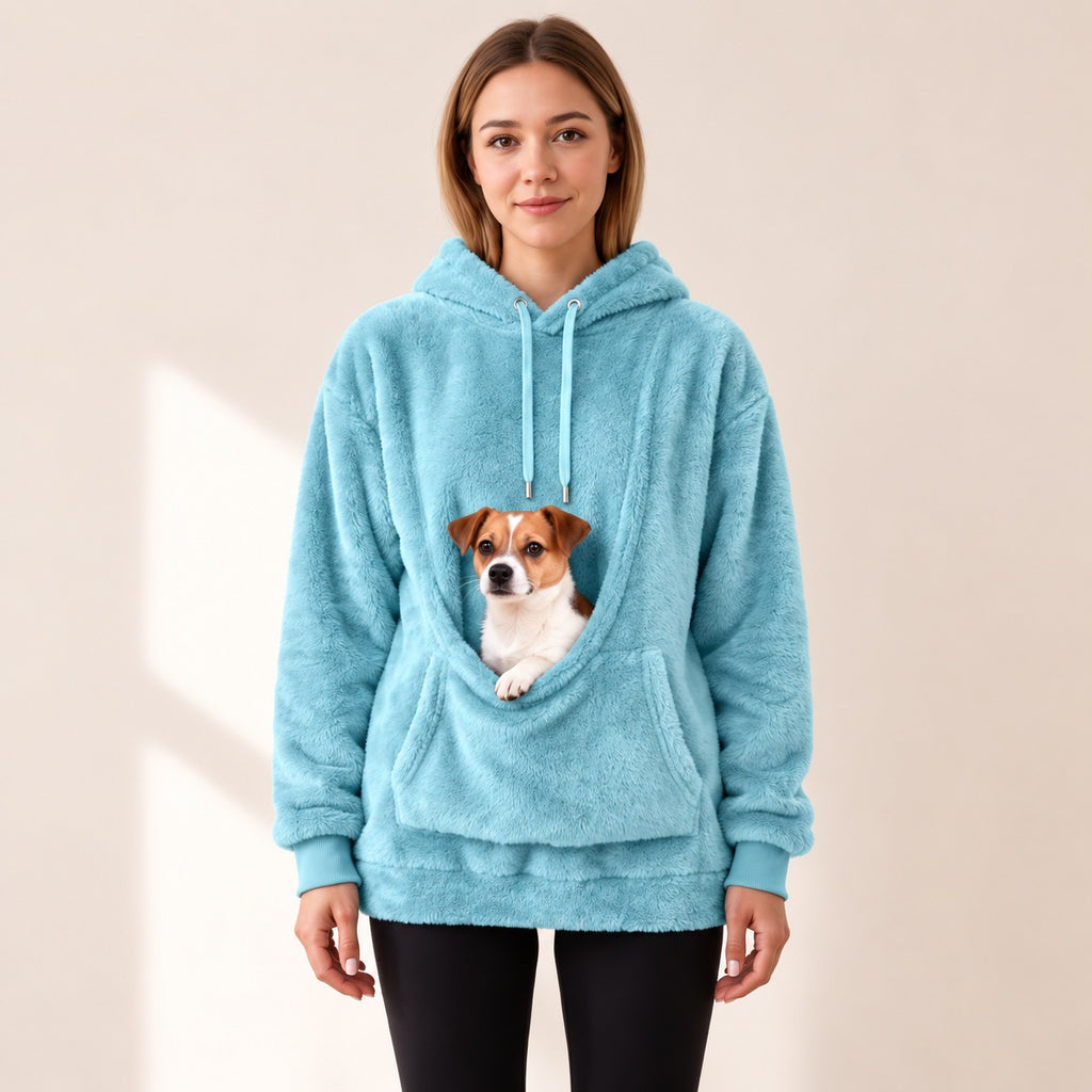 CuddleCarry pet carrier hoodie in Sky Blue with a small dog peeking out of the front pouch