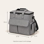 The Weekender tote dimensions: 37 cm wide, 34 cm high, 15 cm deep, folds flat to about 5 cm