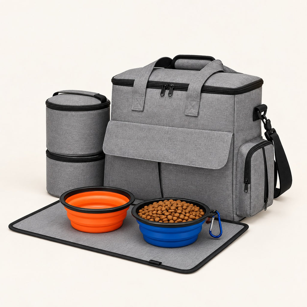 The Weekender dog travel kit: grey travel tote, two round food carriers, two collapsible bowls and a feeding mat