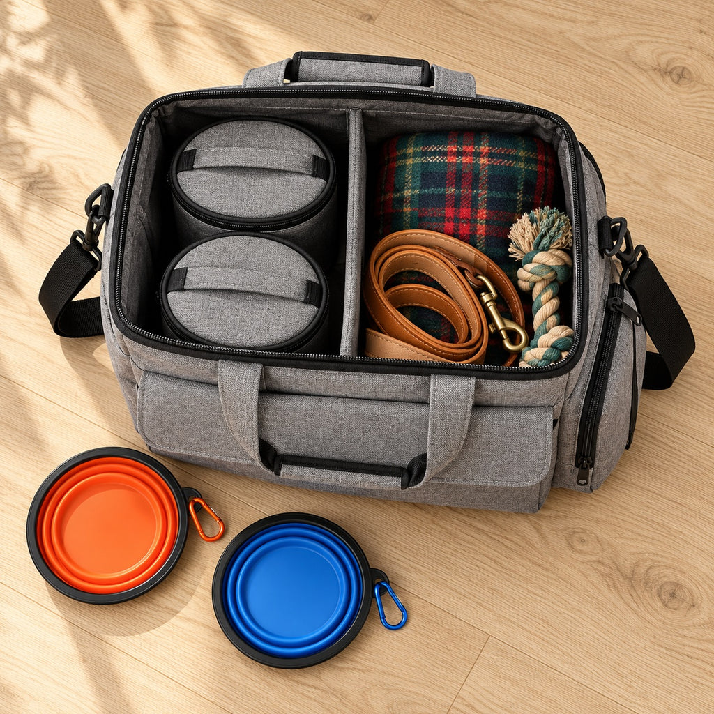 Inside The Weekender: removable divider with food carriers on one side and a blanket, lead and toy on the other