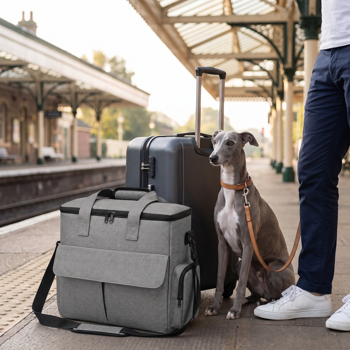 The Weekender tote at a British railway station next to a suitcase and a whippet